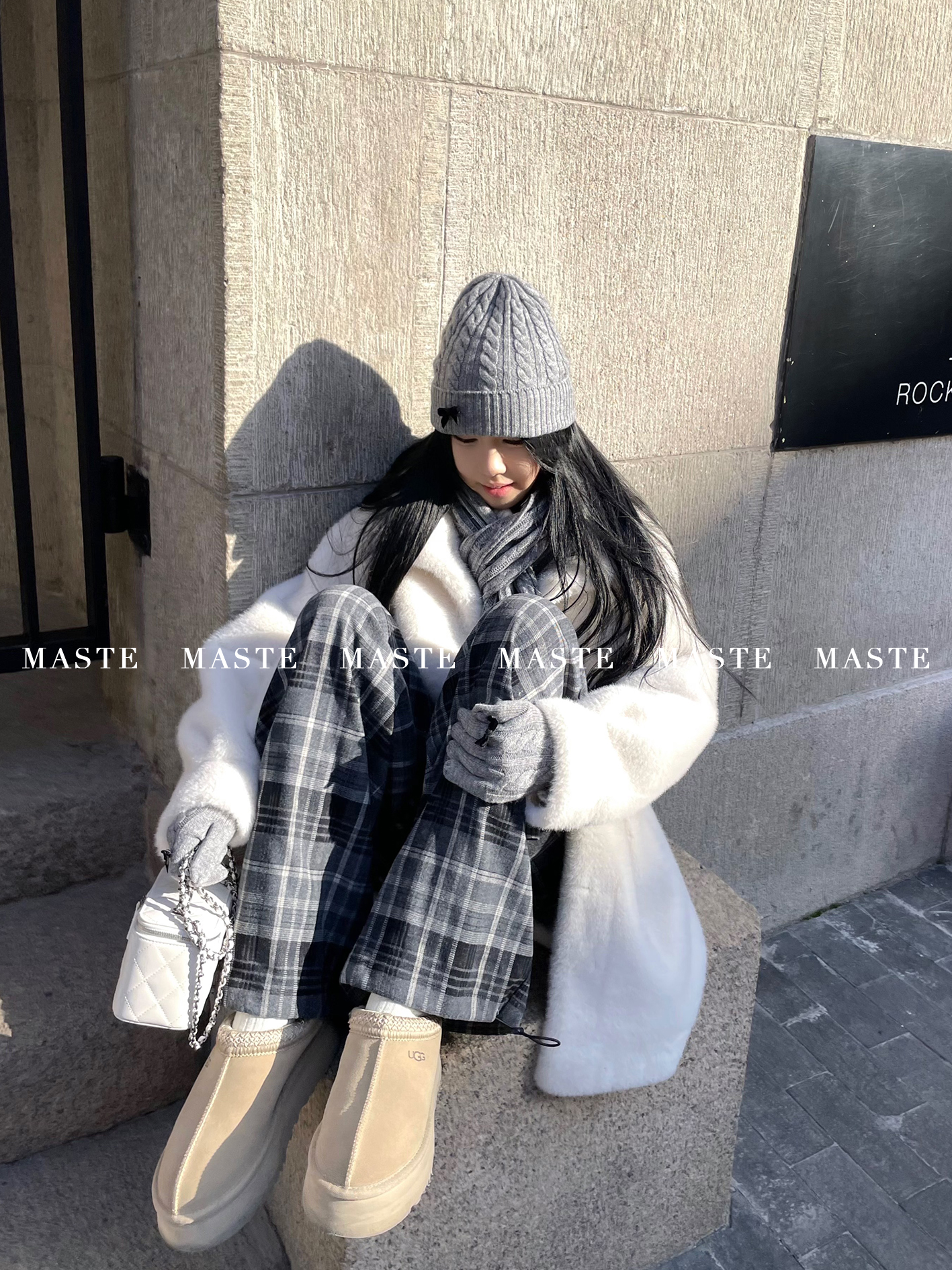 自在慵懒感磨毛格纹裤