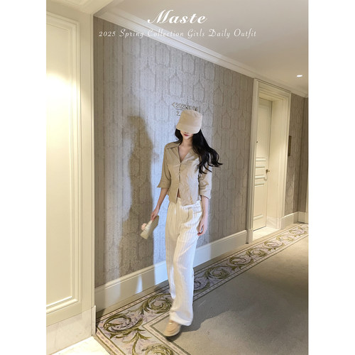MASTE 松子米酒 版型出众收腰短袖v领衬衣