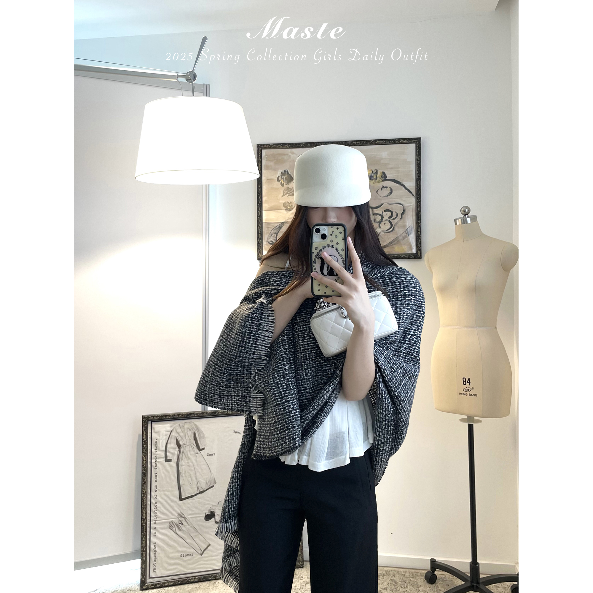 MASTE 韩版百搭 秋冬氛围感 格纹针织披肩保暖围巾