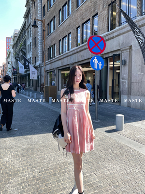 MASTE 心脏的芭蕾 俏皮甜美宅女风连衣裙 圆领娃娃复古格纹小裙子