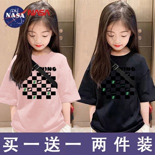 NASA儿童纯棉短袖 潮牌棋格半袖 女孩亲子装 t恤韩版 中小童内搭上衣