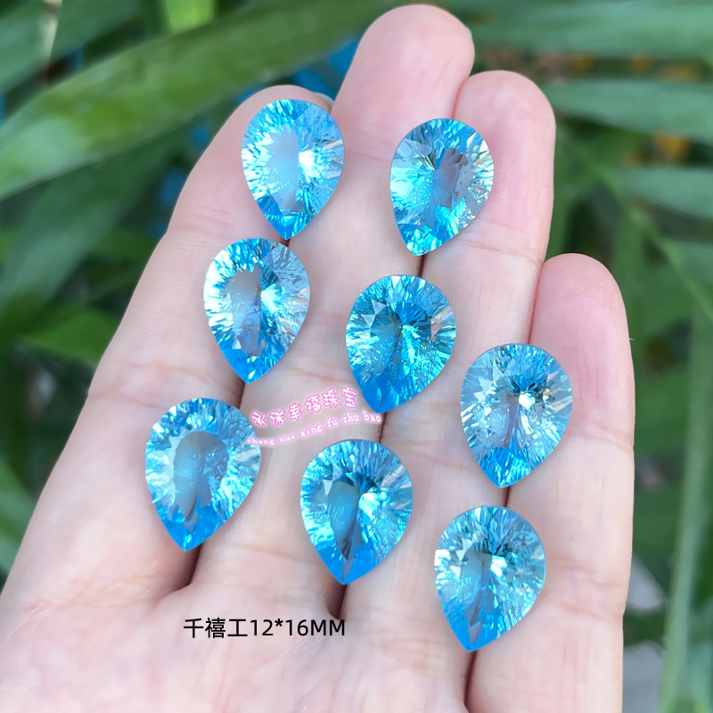 天然瑞士蓝托帕石裸石戒面  水滴形 12*16MM 千禧工 托帕石原石
