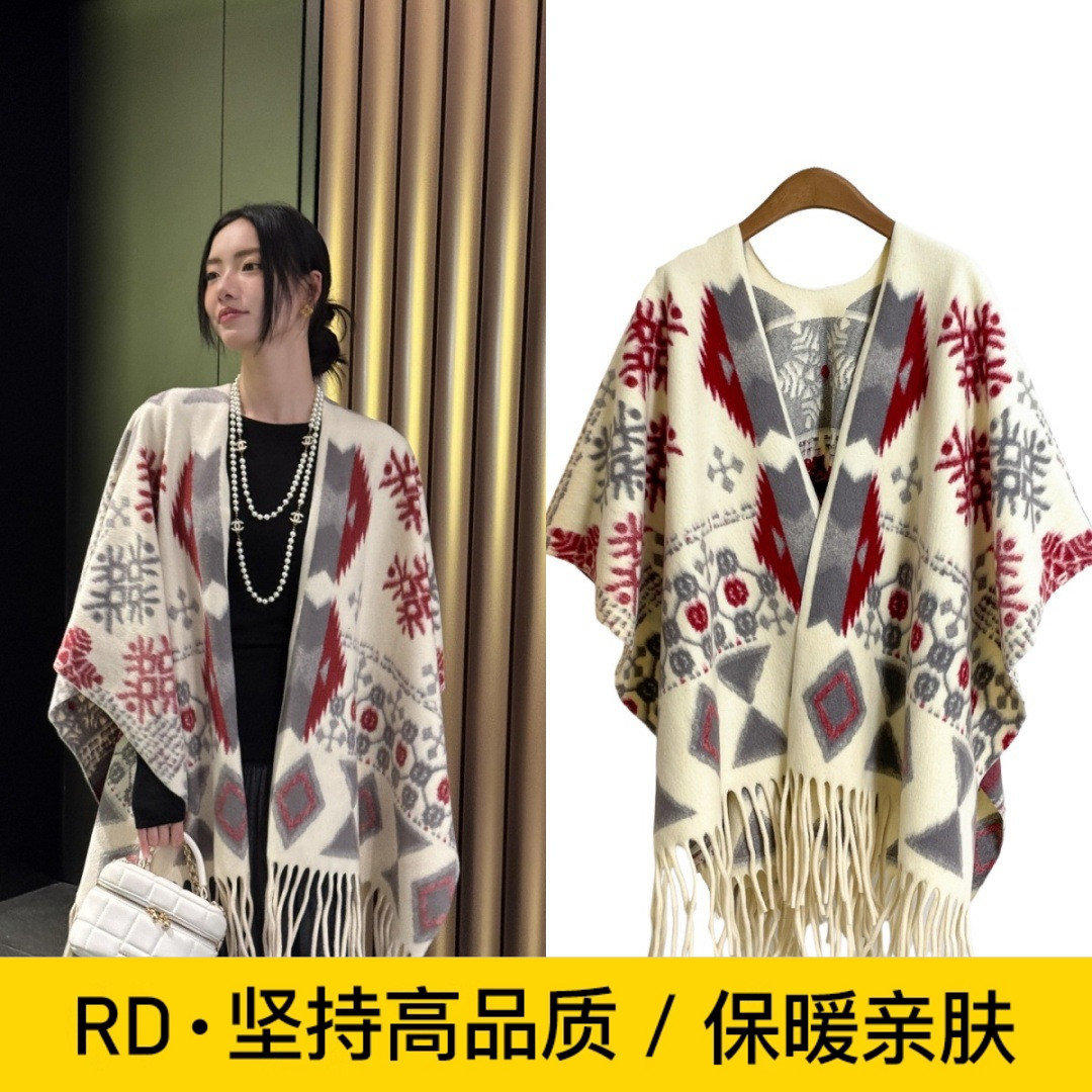 RD民族风加厚披肩外搭女秋冬季高级感雪花围巾格子斗篷大披风女款