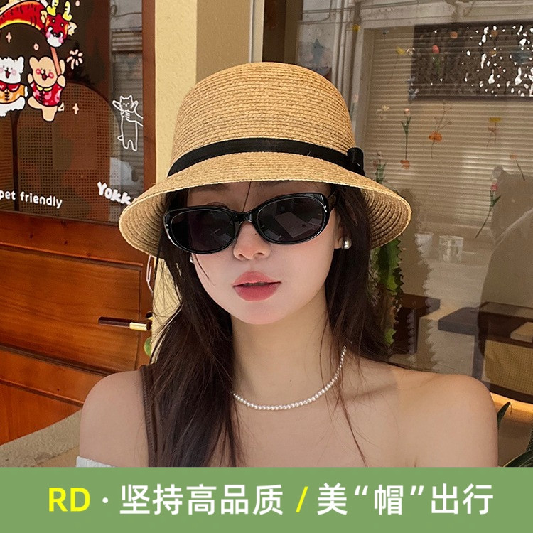 进口拉菲草草帽女2025新款防晒帽显脸小渔夫帽海边防紫外线帽子女