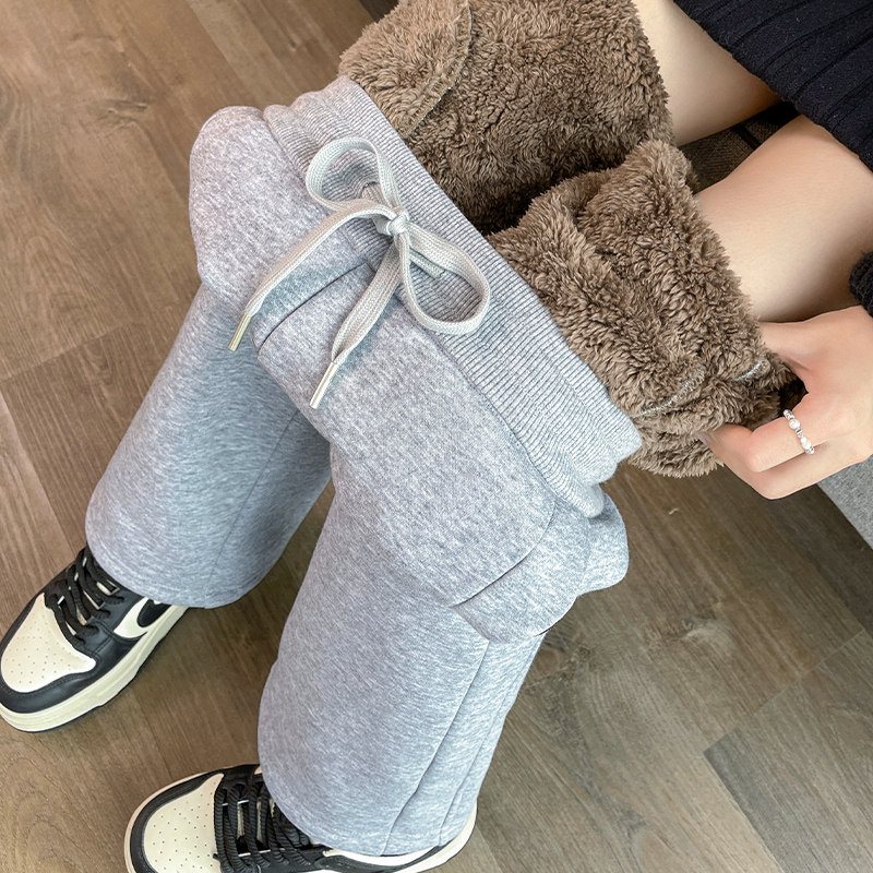 特厚羊羔绒阔腿裤女秋冬季加绒加厚大码裤子胖mm显瘦松紧腰直筒裤