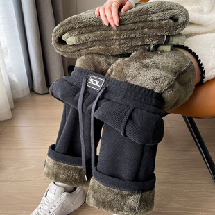 特厚羊羔绒阔腿裤女冬季加绒加厚高腰大码裤子胖mm宽松显瘦直筒裤