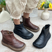 真皮短靴女2025新款 羊皮烟筒靴厚底休闲复古做旧马丁靴加绒二棉鞋