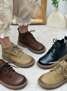 手工复古真皮短靴头层牛皮休闲马丁靴女短筒系带软底防滑平底靴子