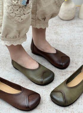 手工真皮复古女鞋2025新款奶奶鞋平跟单鞋软皮软底头层牛皮妈妈鞋
