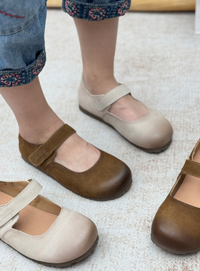 真皮复古玛丽珍鞋女2026新款平底女鞋魔术贴软底中老年休闲单鞋子