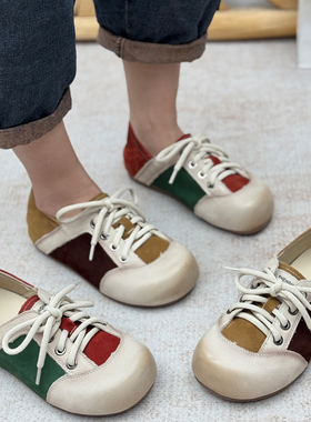 丑乐头层牛皮拼色德训鞋女2026春季新款系带内增高复古百搭休闲鞋