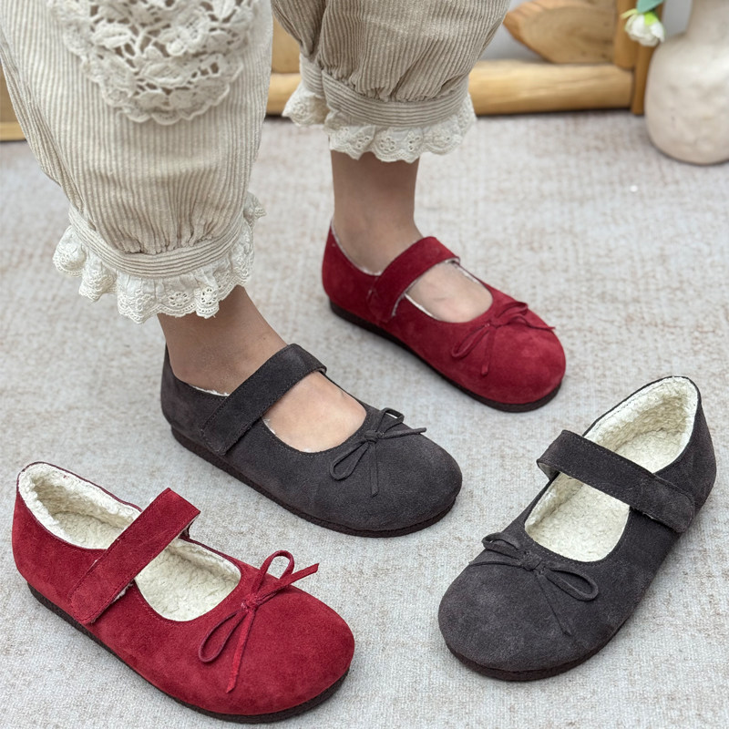 真皮复古玛丽珍鞋女冬季新款加绒