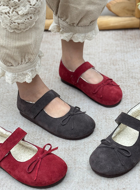 真皮复古风玛丽珍鞋女2025冬季新款加绒保暖红色婚鞋女鞋芭蕾舞鞋