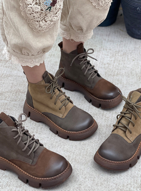 丑乐手工真皮厚底马丁靴女新款秋冬单靴休闲加绒增高牛皮短靴子