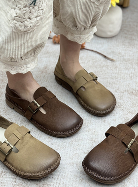 手工真皮女鞋2025新款勃肯鞋头层牛皮复古文艺平底单鞋宽松平底鞋