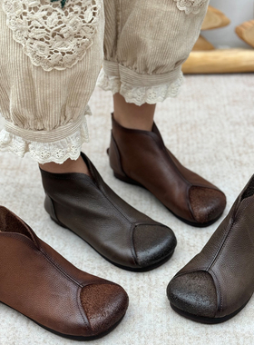 丑乐复古手工真皮短靴女平底时装靴软底马丁靴舒适百搭文艺女靴子