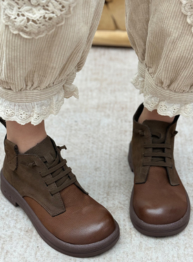 丑乐手工真皮马丁靴女复古休闲厚底靴子头层牛皮短筒靴小个子女鞋