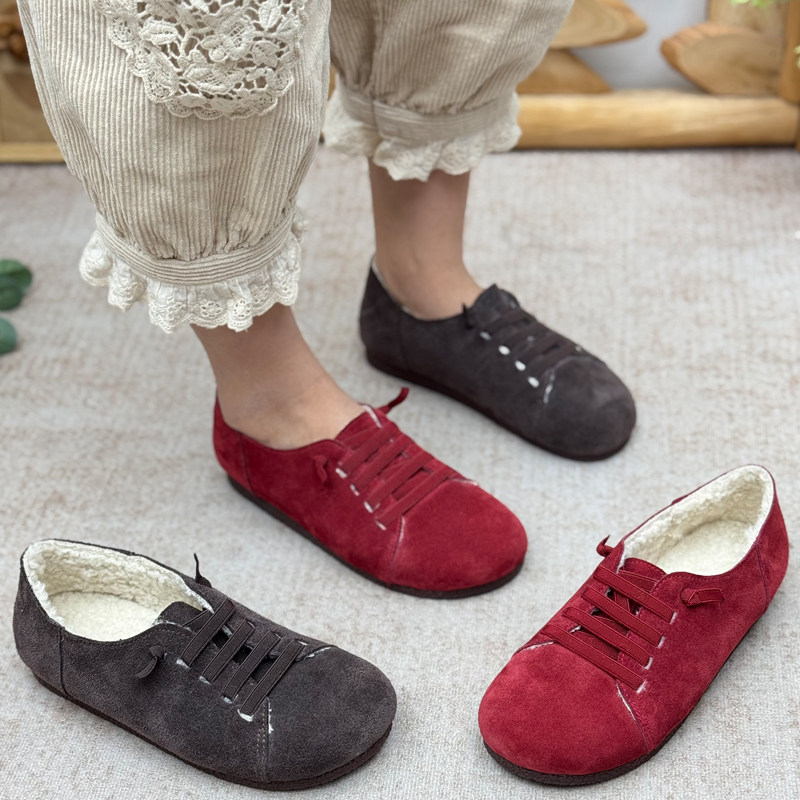 冬季复古风加绒单鞋女真皮平底奶奶鞋一脚蹬红色婚鞋保暖豆豆鞋,女鞋,浅口单鞋,淘宝优惠券,粉丝福利购,淘宝优惠卷