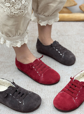 冬季复古风加绒单鞋女真皮平底奶奶鞋一脚蹬红色婚鞋保暖豆豆鞋