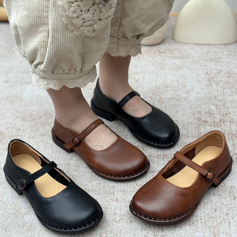 手工真皮复古女鞋2025新款春秋浅口单鞋大头平底头层牛皮小皮鞋,女鞋,浅口单鞋,淘宝优惠券,粉丝福利购,淘宝优惠卷