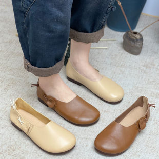 舒适套脚休闲女鞋 真皮复古手工圆头牛皮软底单鞋 女防滑平底妈妈鞋