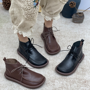 秋冬靴子真皮低帮马丁靴女平底软底森女短筒短靴皮鞋 加绒加厚棉鞋