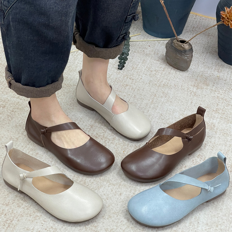 真皮浅口一字扣带平底单鞋