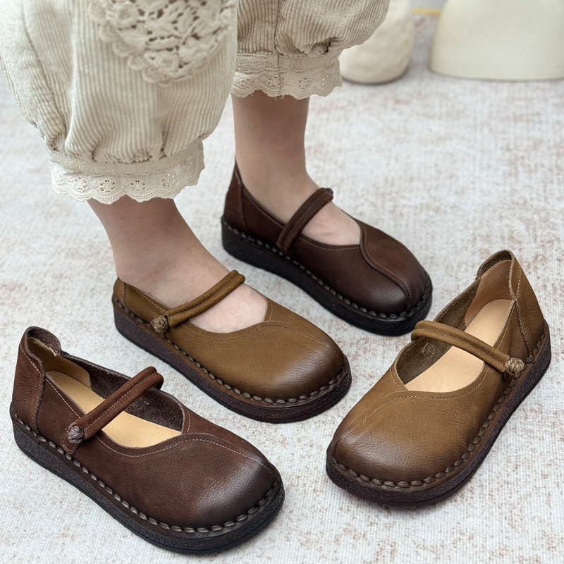 手工复古真皮女鞋2025新款头层牛皮小皮鞋平底民族风中老年妈妈鞋