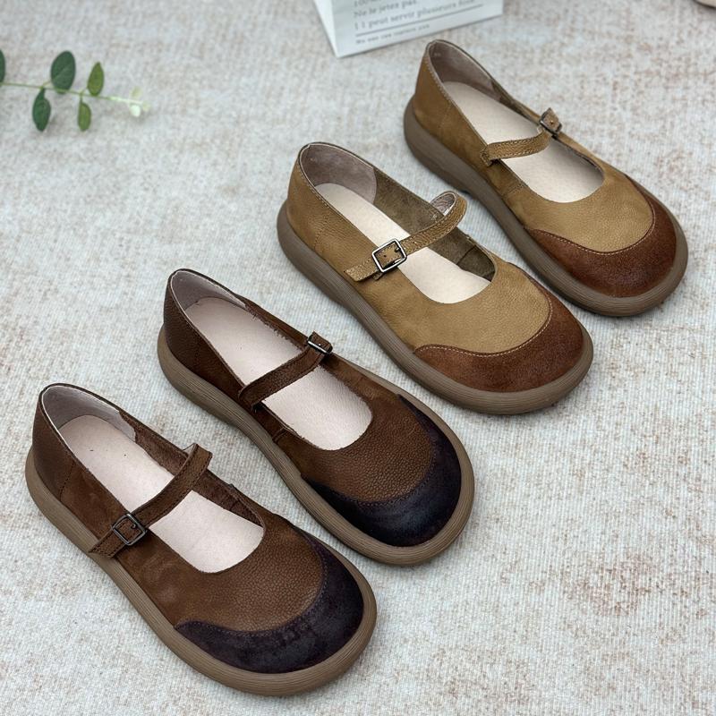 丑乐手工真皮女鞋复古拼色