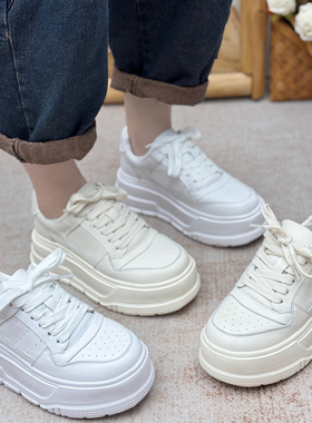 丑乐休闲真皮小白鞋女厚底松糕底女鞋系带百搭松糕鞋小个子增高鞋