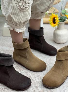 两穿真皮平底短靴女2025新款秋冬季堆堆靴复古风加绒松果勃肯靴子