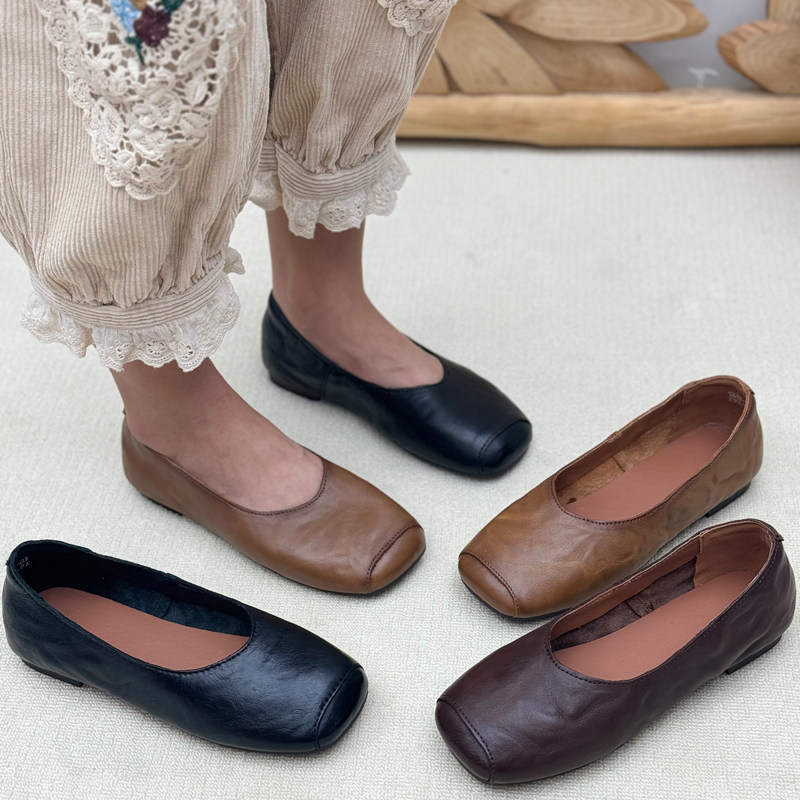 手工真皮女鞋2025新款复古平底奶奶鞋头层牛皮牛筋软底一脚蹬单鞋,女鞋,浅口单鞋,淘宝优惠券,粉丝福利购,淘宝优惠卷