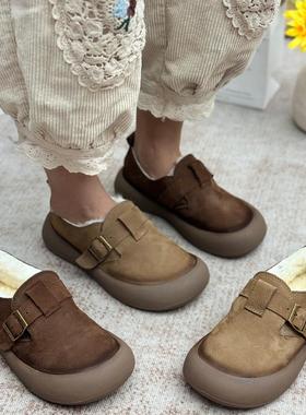 真皮加绒勃肯鞋2025冬季新款厚底纯羊毛棉鞋加厚保暖女鞋乐福鞋