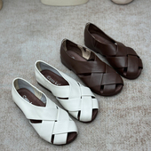 女2025新款 夏季 女鞋 手工真皮编织平底凉鞋 复古休闲镂空透气罗马鞋