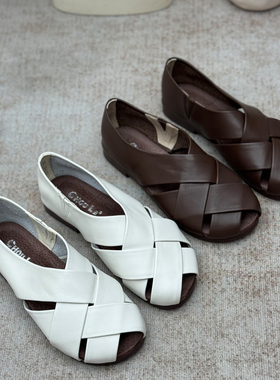 手工真皮编织平底凉鞋女2025新款夏季女鞋复古休闲镂空透气罗马鞋