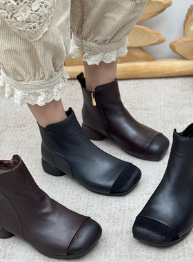 复古风头层牛皮短靴女冬季加绒加厚保暖女靴侧拉链粗跟真皮时装靴