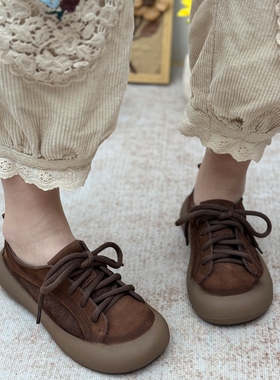 手工真皮复古2026新款单鞋休闲大头鞋平底女鞋厚底软底鞋宽脚鞋子