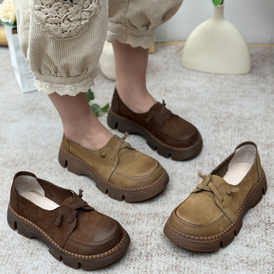 丑乐真皮复古厚底女鞋2025新款头层牛皮手工鞋增高鞋子春夏季单鞋