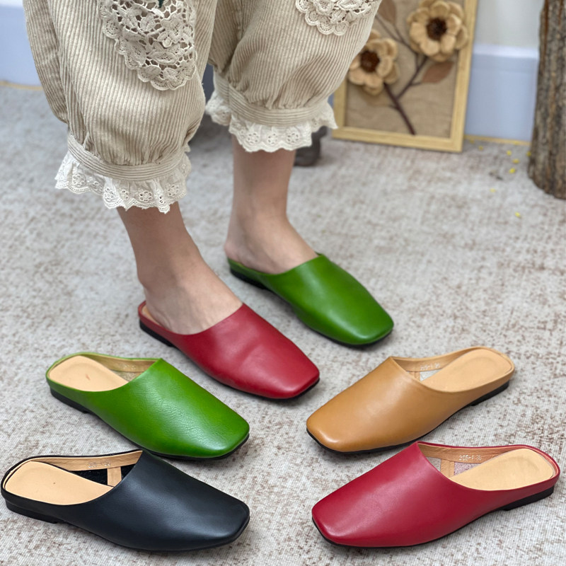 手工真皮拖鞋女时尚外穿春款新款懒人复古平底鞋网红包头半拖鞋,女鞋,包头拖,淘宝优惠券,粉丝福利购,淘宝优惠卷