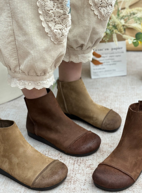 短靴女真皮单靴2025新款秋冬软底复古平底马丁靴短筒女靴妈妈鞋