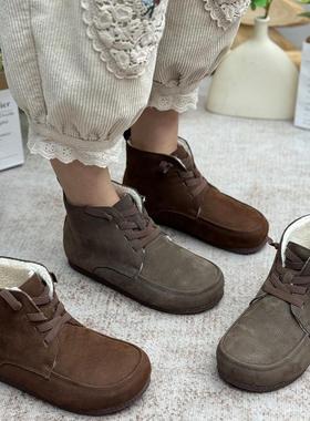 真皮加绒短靴女2025新款复古保暖加厚二棉鞋平底女鞋冬季妈妈鞋子