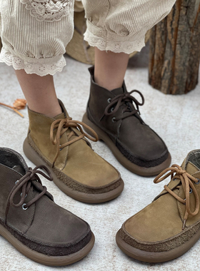 手工真皮加绒短靴女鞋复古休闲加厚平底靴子短筒马丁靴保暖棉鞋