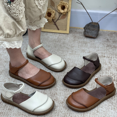 丑乐复古风真皮凉鞋软皮软底