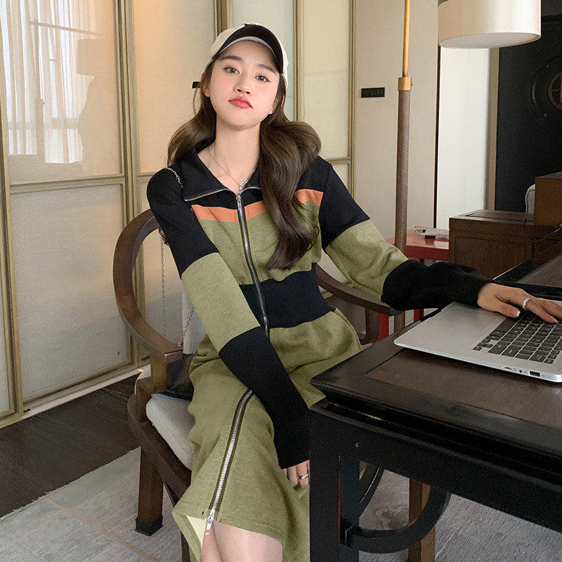 秋冬新款修身显瘦撞色针织连衣裙长袖内搭打底裙,女装连衣裙,韩秀