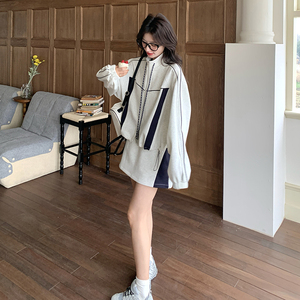 拼色运动风卫衣套装裙女2025春新款韩系休闲立领外套半身裙两件套图片