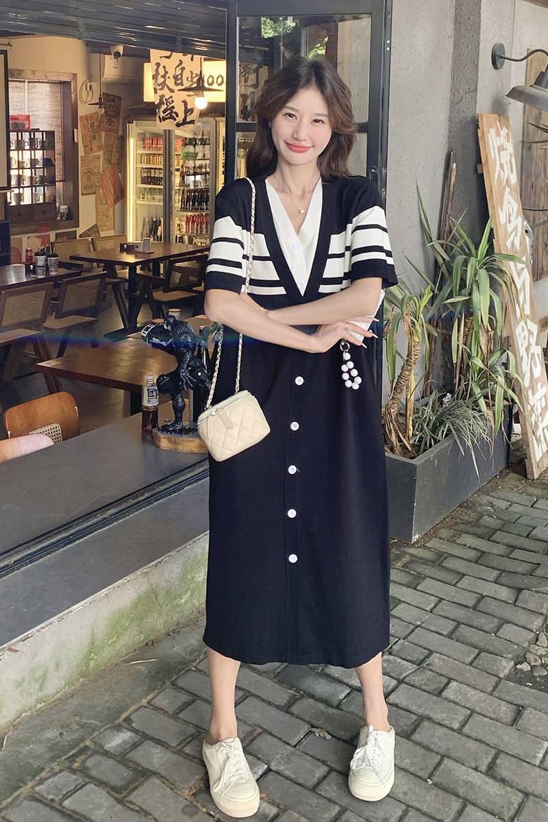 现货夏装新款针织黑白撞色宽松版连衣裙8161p120k178,女装连衣裙,韩秀