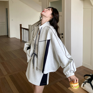 拼色运动风卫衣套装裙女2025春新款韩系休闲立领外套半身裙两件套