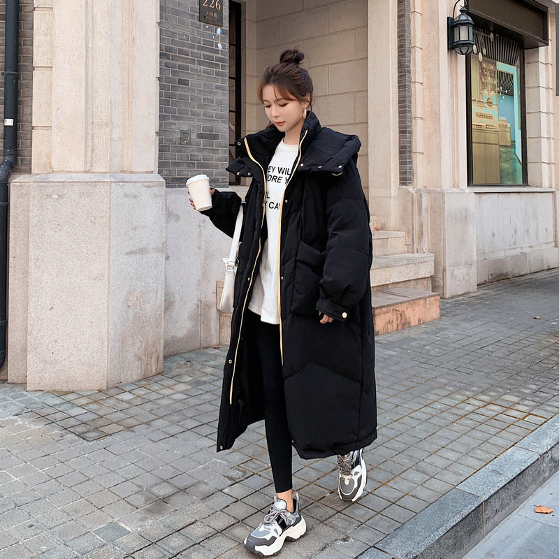 黑色中长款过膝羽绒棉服女2024冬季新款韩系chic宽松加厚学生棉袄,女装棉衣/棉服,韩秀