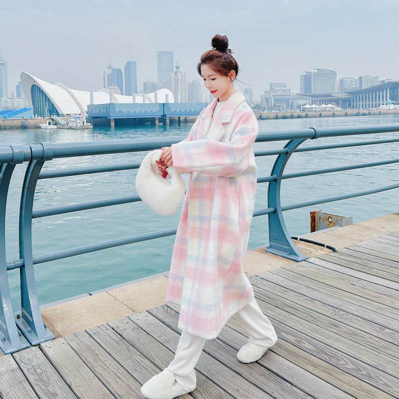 加棉宽松格子大衣女装毛呢外套显瘦保暖长款,女装毛呢外套,韩秀