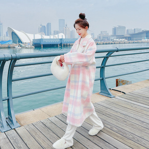 加棉宽松格子大衣女装毛呢外套显瘦保暖长款图片